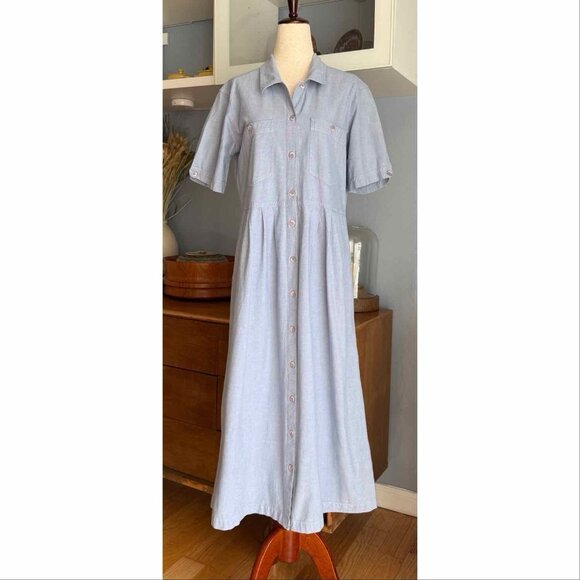 Jennifer Moore Dresses & Skirts - Vtg Jennifer Moore Cotton Chambray Button Shirtdress Midi Modest Sz S Minimalist